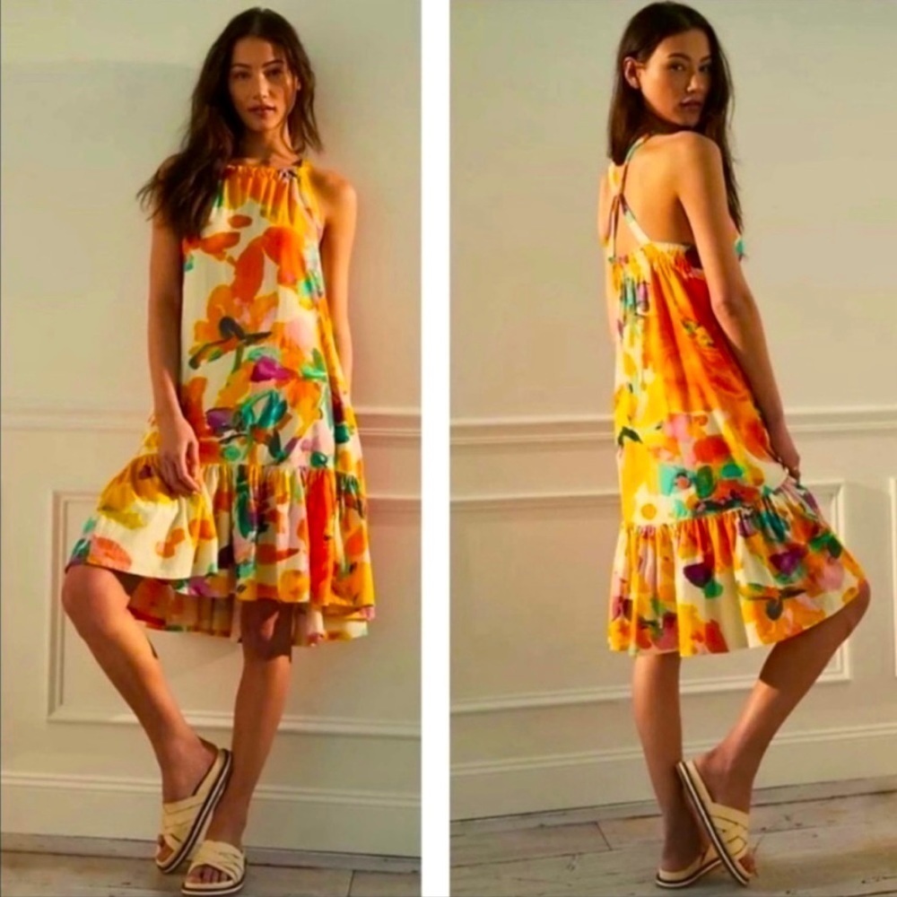 NWT ANTHRO DAILY PRACTICE Frida Cross-Back Midi Dress Orange Motif S

B4